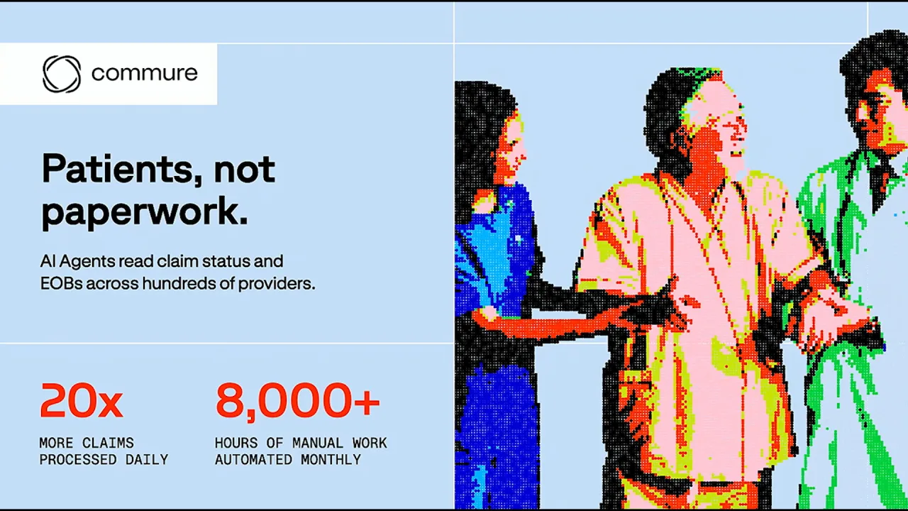 Commure case slide: agents read claim status and EOBs across hundreds of providers
