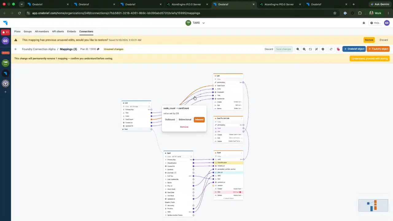 Connection mapping editor wiring Onebrief List and Card objects field by field to Foundry objects, with one link switched to inbound