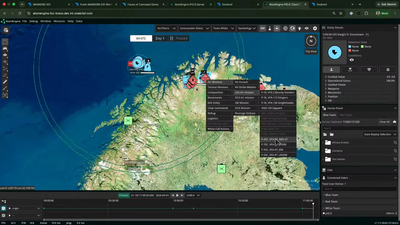 AtomEngine war game over the Arctic coast: a menu tasking a close air support mission to named squadrons and weapon loads