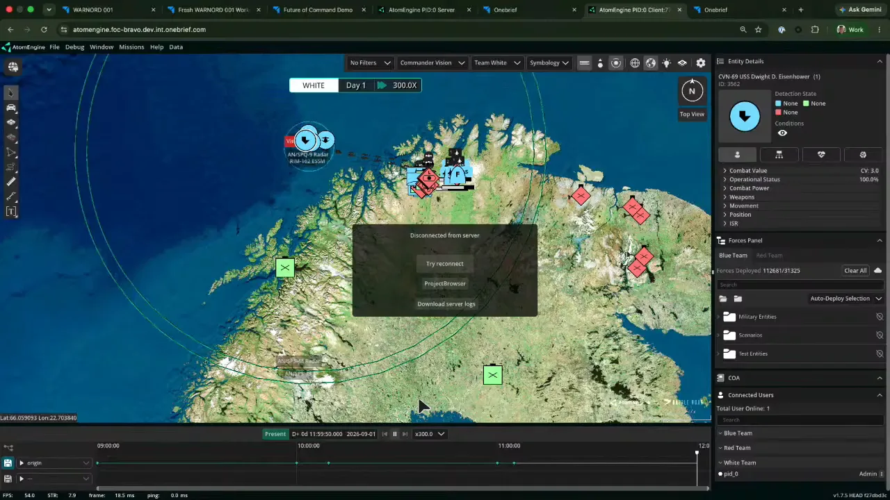 AtomEngine war game set to 300x with a Disconnected from server dialog over the map