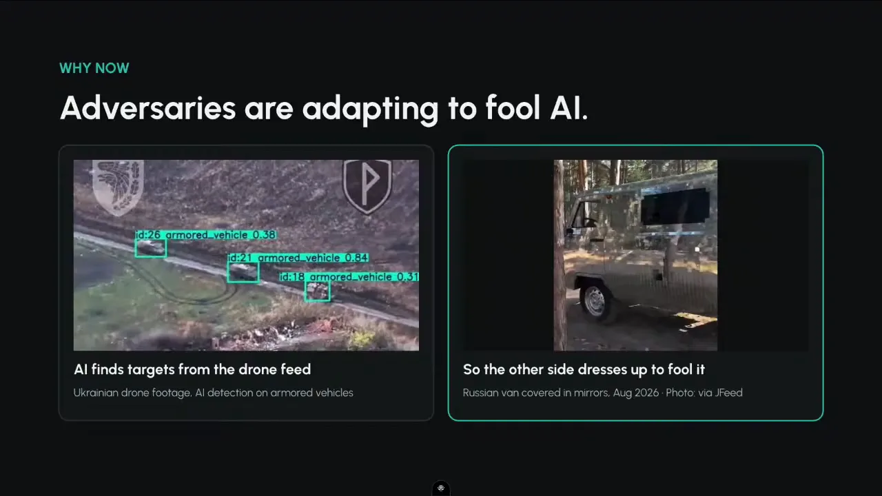 Why now: AI detection boxes on armored vehicles in Ukrainian drone footage, beside a Russian van covered in mirrors
