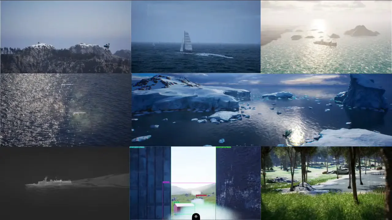 Collage of eight generated scenes across sea, coast, arctic ice, grassland and forest, some with detection boxes