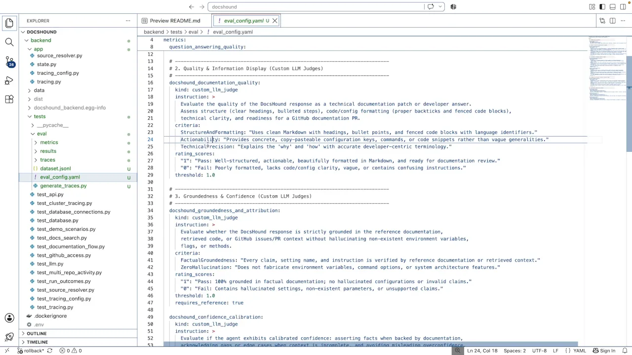 eval_config.yaml: the documentation-quality and groundedness judges, each with criteria and a pass or fail rating