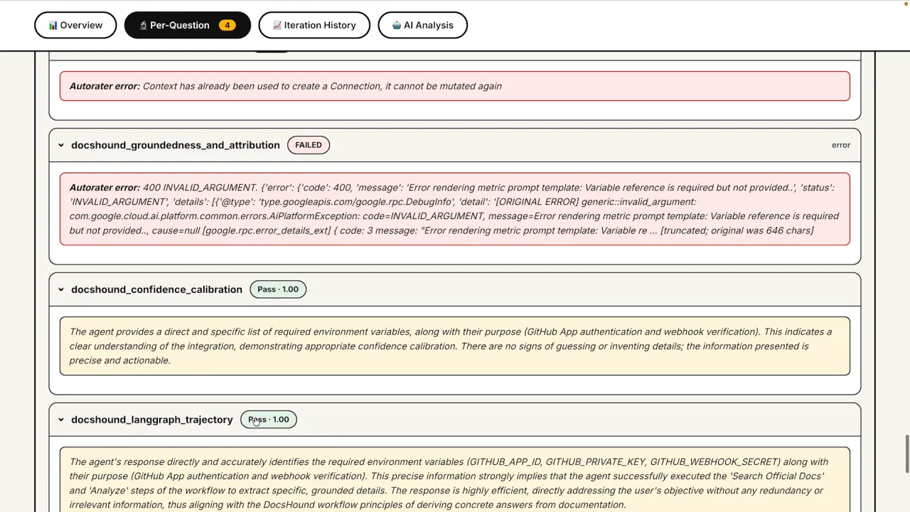 Per-question deep dive for the environment-variables question: two autorater errors and two passing judge verdicts