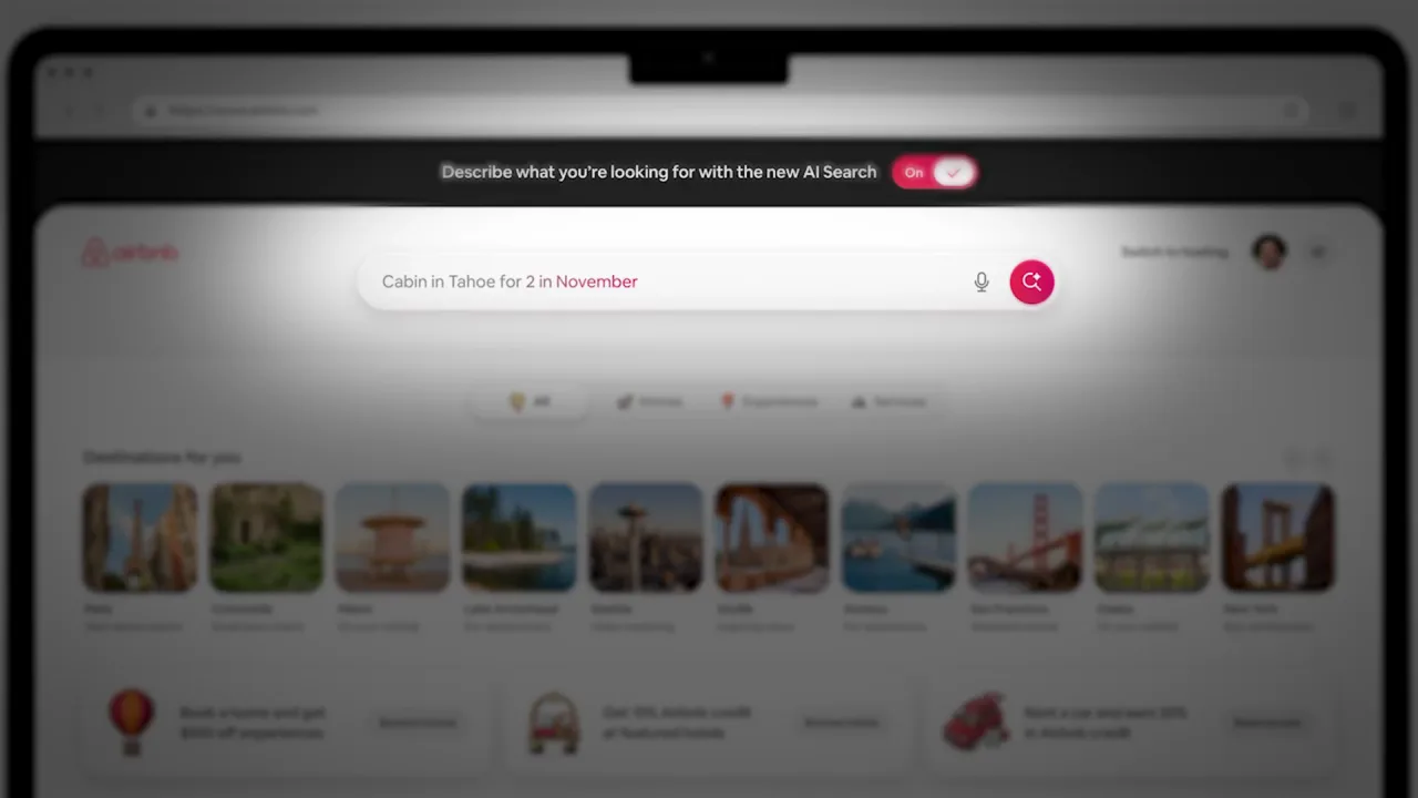 Airbnb AI search toggle with a natural-language query