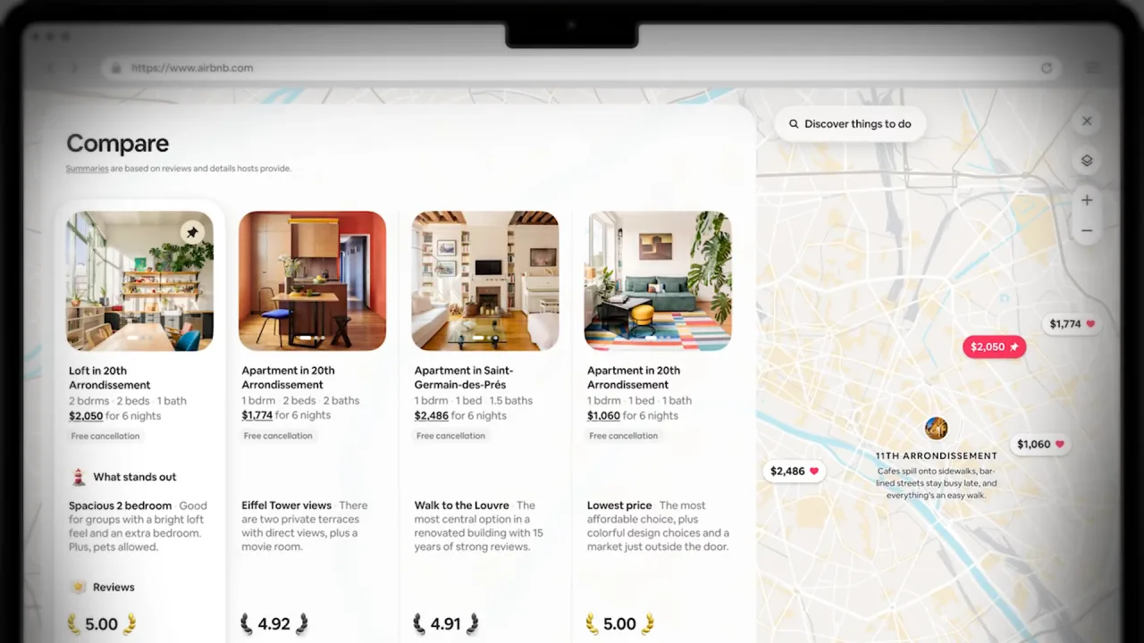 Airbnb compare view with a What stands out row per listing