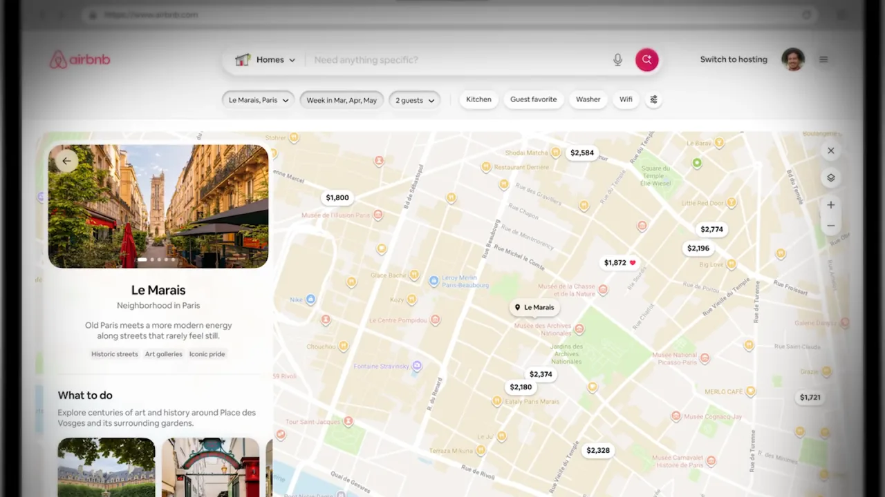 Airbnb neighbourhood card for Le Marais on a map