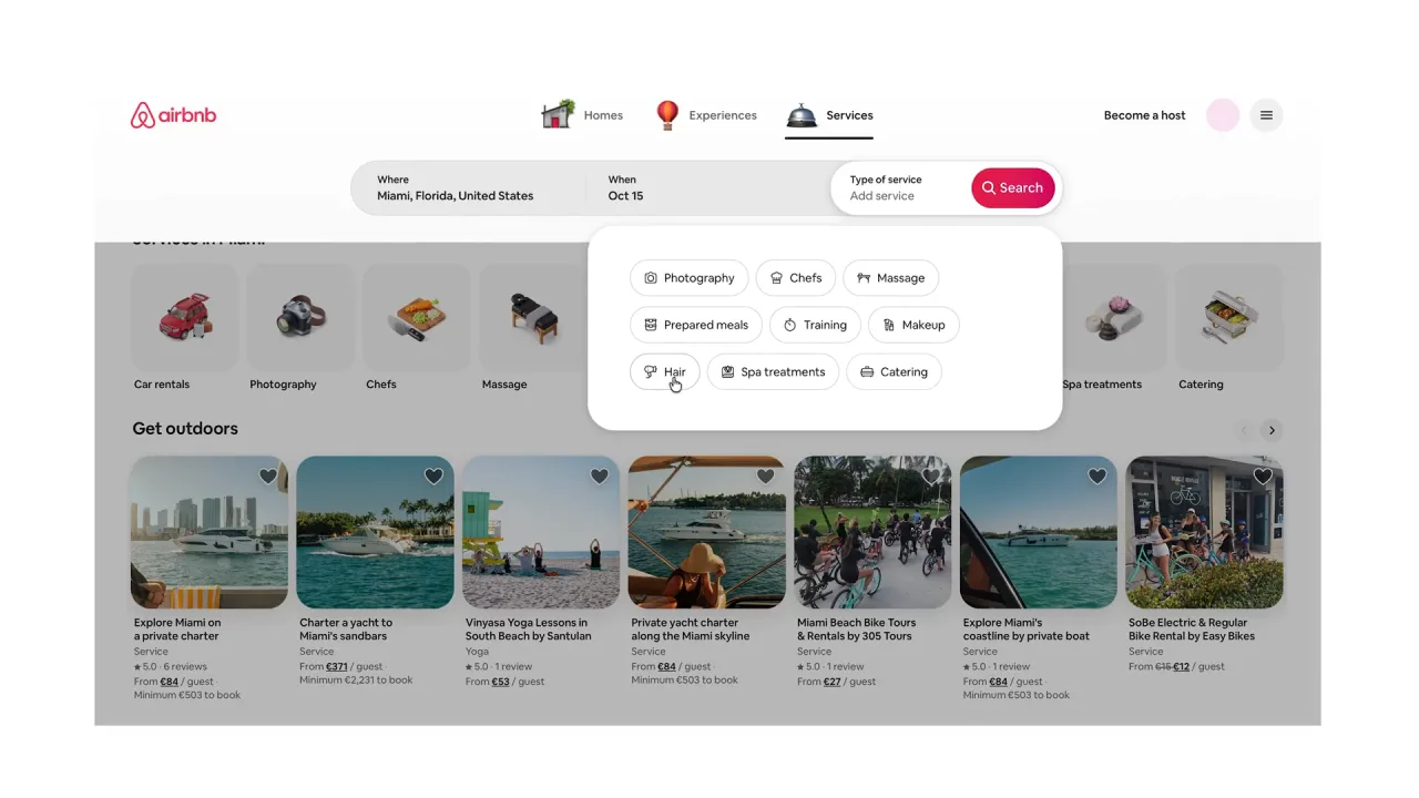 Airbnb Services tab with service types for Miami